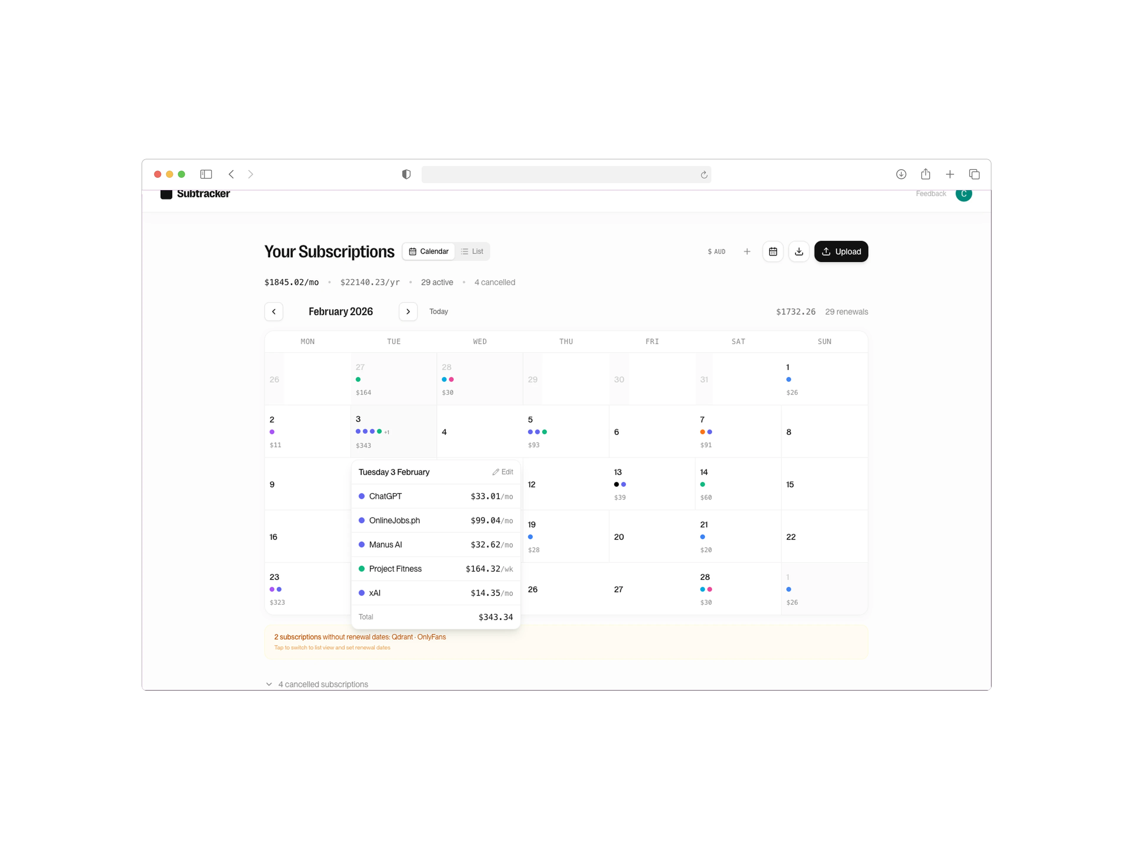 Calendar view with brand-coloured dots showing upcoming subscription charges