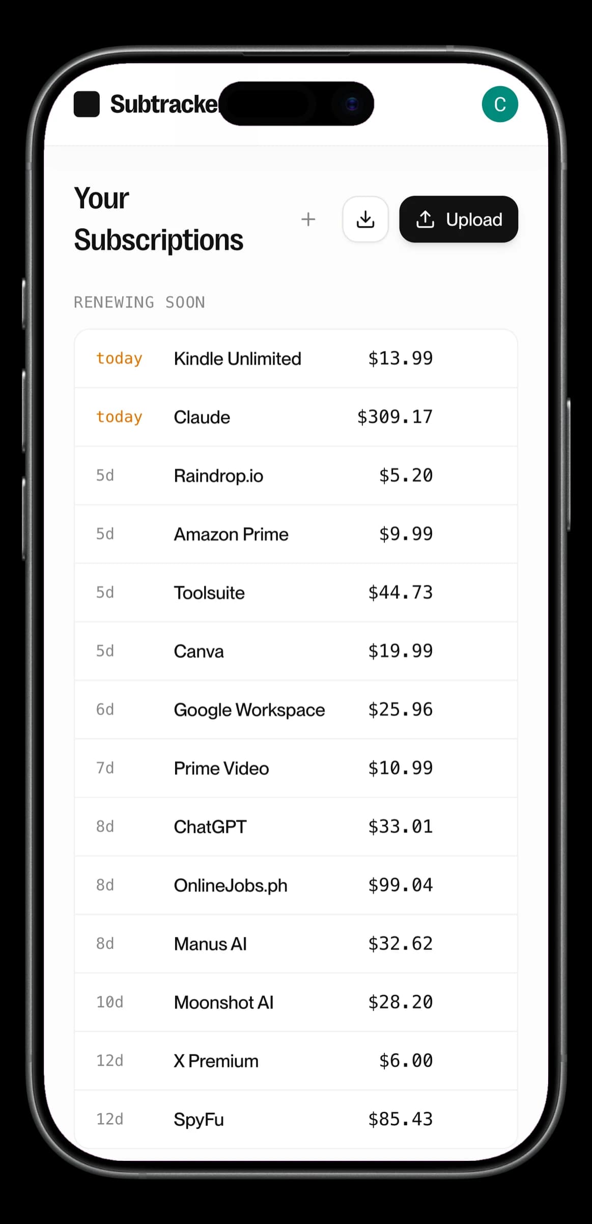 Subtracker mobile list view showing subscription renewal dates and amounts